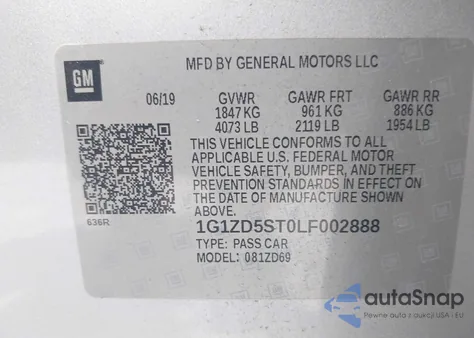 2020 Chevrolet Malibu Fwd Lt z USA, uszkodzony, nr VIN 1G1ZD5ST0LF002888